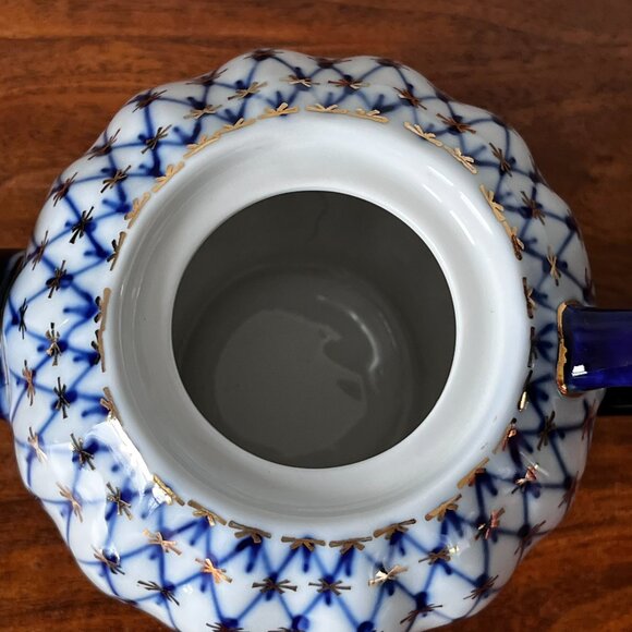 Lomonosov Russian Imperial Porcelain Cobalt Net Mini Teapot 5.25" Tall 2+ Cups - Picture 12 of 15